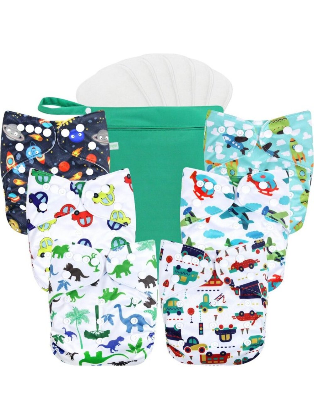 Reusable Cloth Diapers 6 Pack with Inserts & Wet Bag - Adjustable, Washable Baby